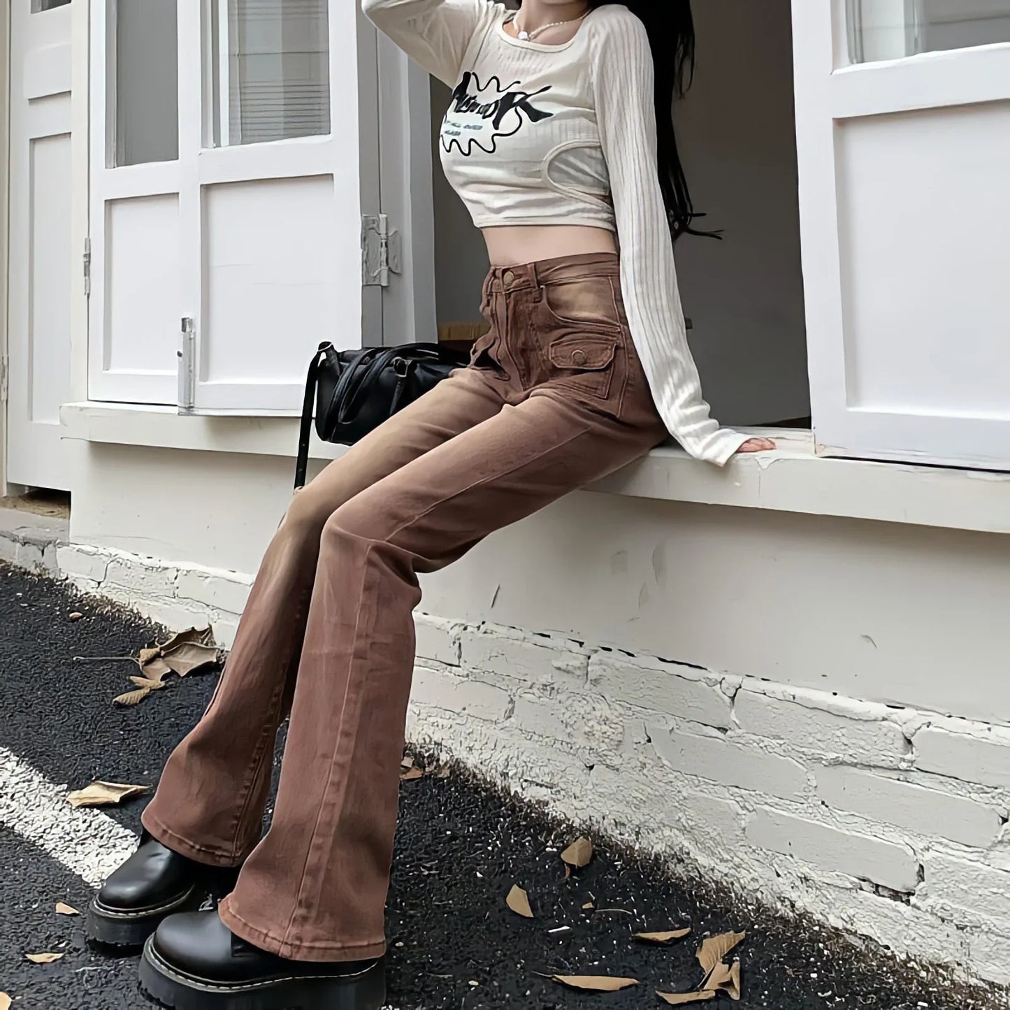 Territory Flared Jeans Women High Waist Straight Baggy Brown Pants Vintage 90s Streetwear Y2k Cargo Pants Fashion Wide Leg Denim Trousers