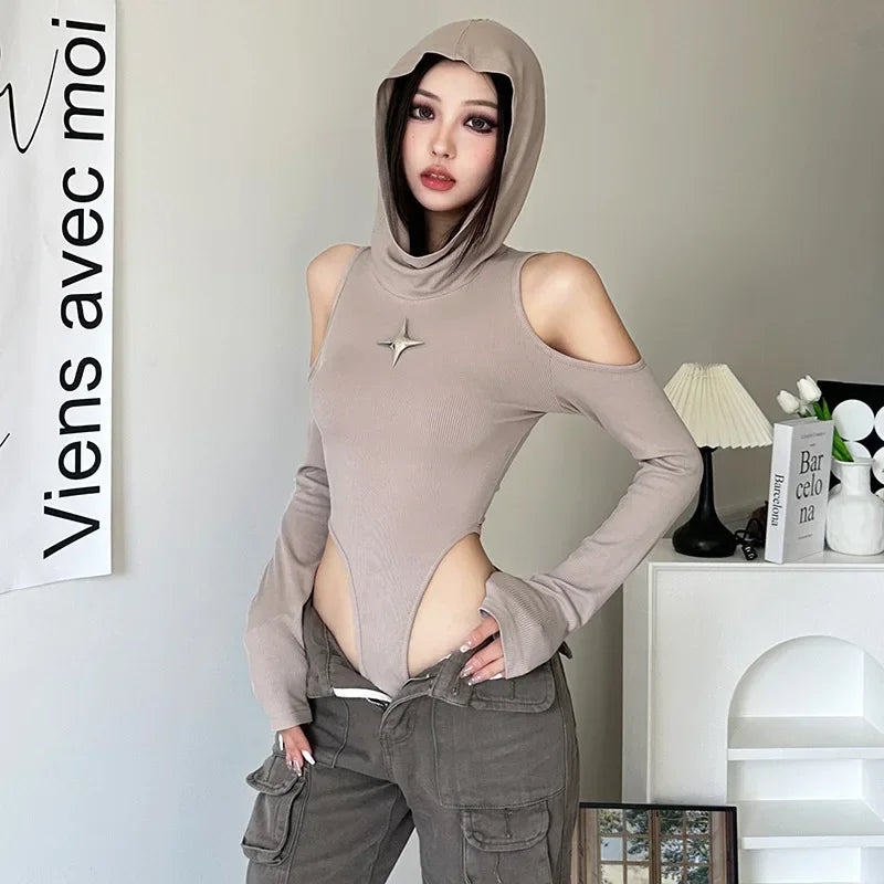 Territory khaki High Elastic Tight Sexy Hot Mature Beautiful Confident Youth Girl All-match Women's Autumn Hooded Jumpsuit