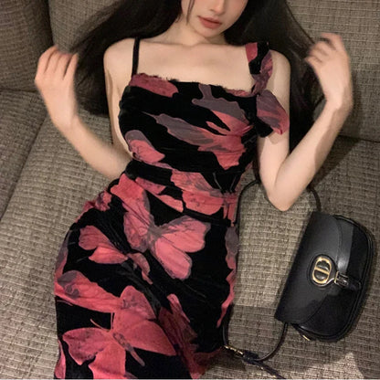 Territory Korean Contrast Color Butterfly Print Casual Sling Dress Women 2024 Summer New Off-shoulder Sexy Split Elegant Mid-length Dress