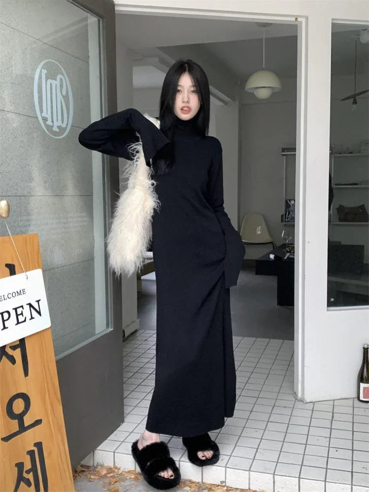 Territory Korean Style Knitted Dress Women Turtleneck Long Sleeve Maxi Dress Casual Elegant Black Bodycon Dress Female Winter