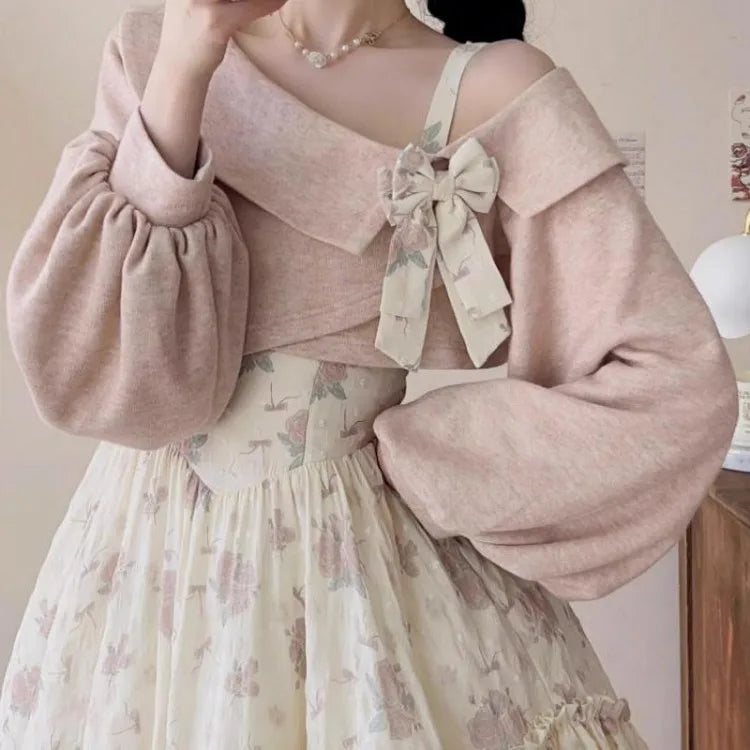 Territory Oversize Harajuku Rose Print Strap Dresses+ Sweet Pink Off Shoulder Bow Long Sleeve Tops Women 2024 Spring New Two Piece Sets