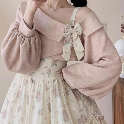 Territory Oversize Harajuku Rose Print Strap Dresses+ Sweet Pink Off Shoulder Bow Long Sleeve Tops Women 2024 Spring New Two Piece Sets