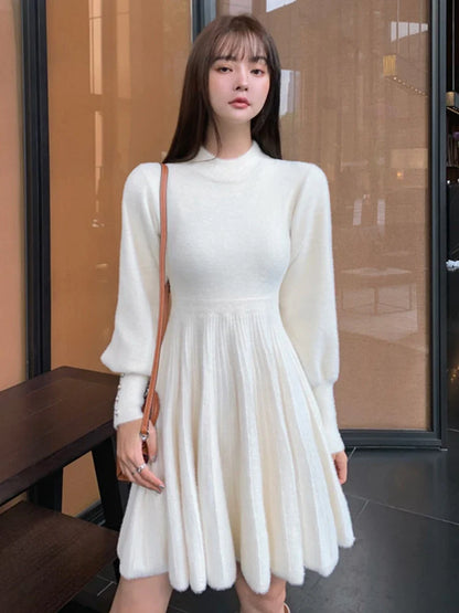 Territory High Quality Autumn Winter Knitted Sweater Dress Women Korean Sweet Vestidos Long Sleeve Button Casual Pull Mini Dress For Women