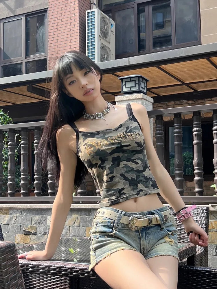 Territory American Vintage Camouflage Vest for Women 2024 Summer New Slim Fit Tank Top Y2k E-Girl Sexy Off Shoulder Camisole Tops