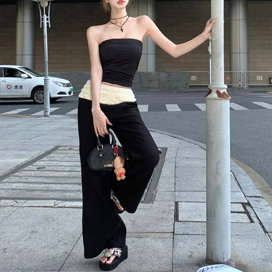 Territory 2024 Spring New Streetwear Contrast Color Patchwork Pleated Casual Wide Leg Pants Women + Sexy Camisole Two-Piece Suit