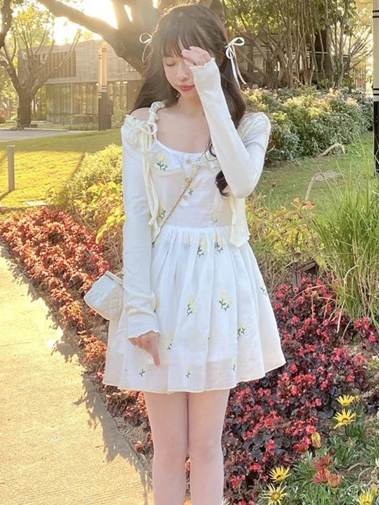 Territory Kawaii Sweet Party Mini Dress Women Floral A-Line Casual Fairy Dress Ladies Embroidery Korean Princess Strap Dress Summer