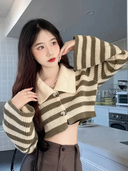 Territory Sexy Cropped Striped Cardigan Women Fashion Flare Sleeve Loose Knitted Sweaters Casual Autumn Korean Lazy Wind Lady Outwear