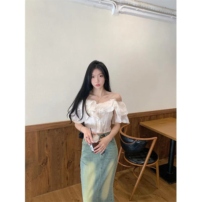 Territory Cropped Slash Neck Shirts Women Fashion Black Sexy Off Shoulder Blouses Summer Korean Office Ladies Elegant Slim Crop Tops