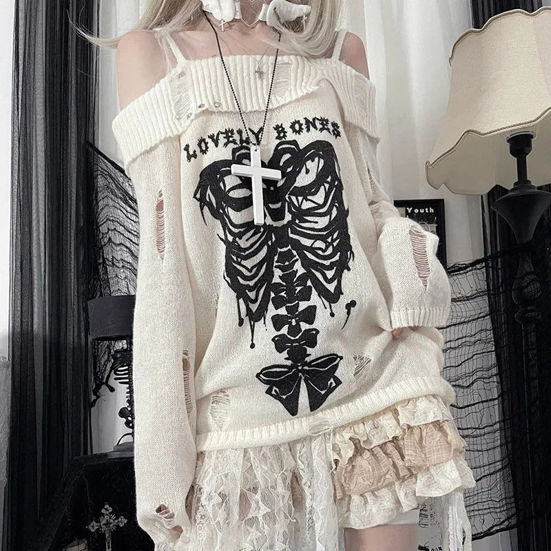 Territory Gothic Y2k Women Sweater Off Shoulder Pullovers Harajuku Anime Graphic Knitwear Hollow Out Kint Spring Oversize Jumper