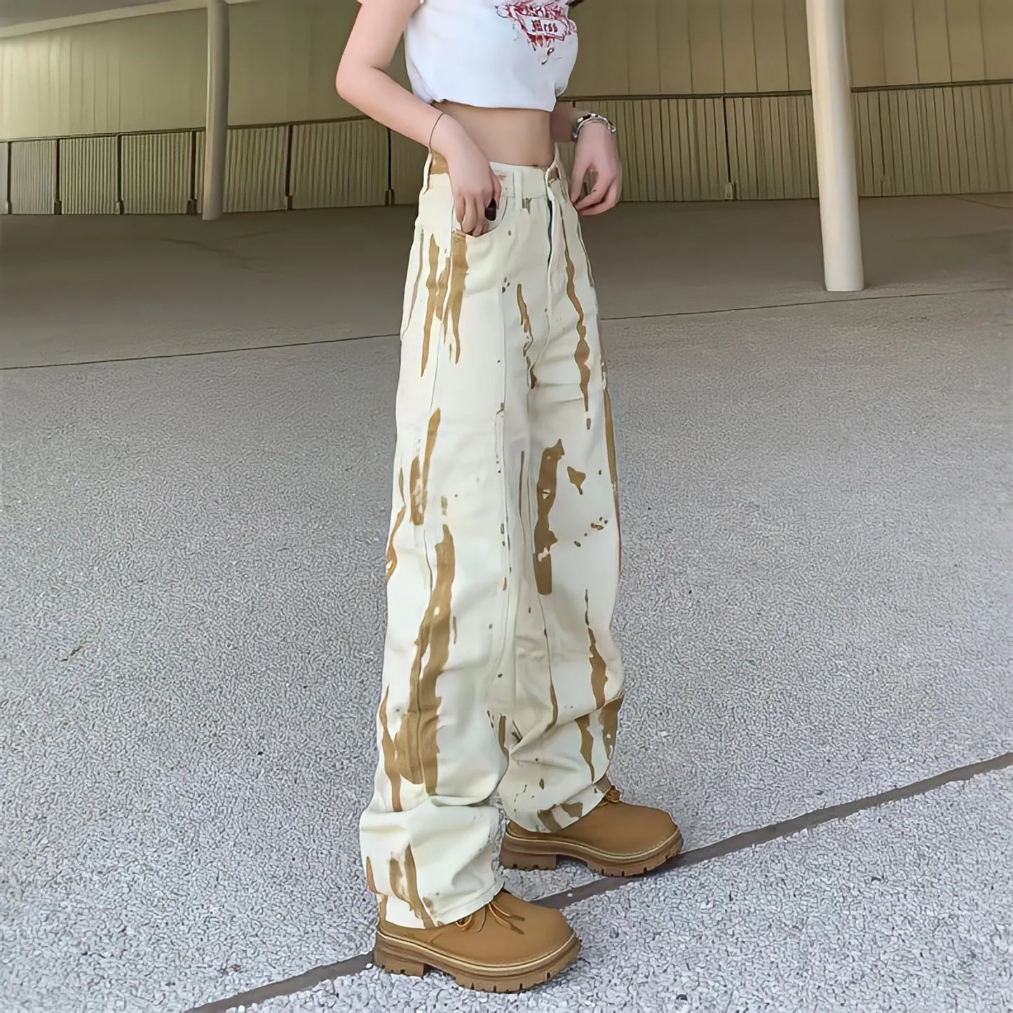 Territory Baggy Y2k  Jeans Women High Waist Straight Wide Leg Yellow Pants Streetwear Korean Fashion Harajuku Graffiti Tie Dye Trousers