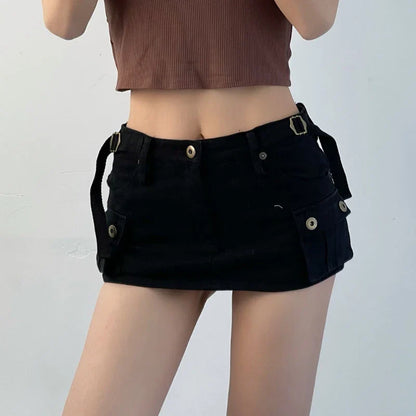 Territory Denim Cargo Mini Skirt Women Korean Style Low Waist Slim Sexy Vintage Streetwear Green Jean Skirt Y2k Girl Summer