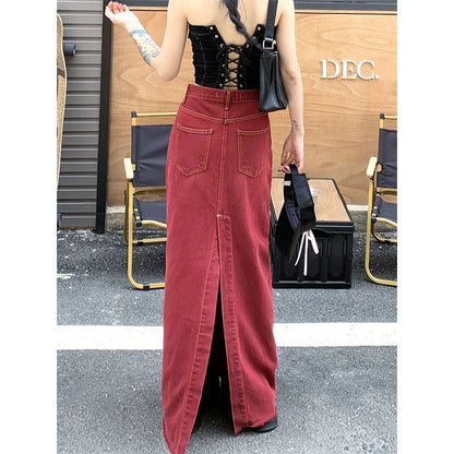 Territory S-3Xl Vintage Slit Denim Midi Skirts Women Y2K Red High Waist Wrap Jean Skirt Summer Korean Sexy Split Slim A Line Faldas