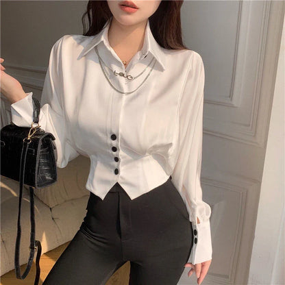 Territory Elegant Cropped White Shirts Women Korean Fashion Black Batwing Long Sleeve Blouses Office Ladies Basic Chic Tunic Tops