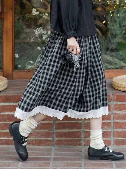 Territory Harajuku Plaid Long Skirts Women Japanese Vintage Lace Preppy High Waist A Line Midi Skirt Korean Fashion Casual Female Faldas