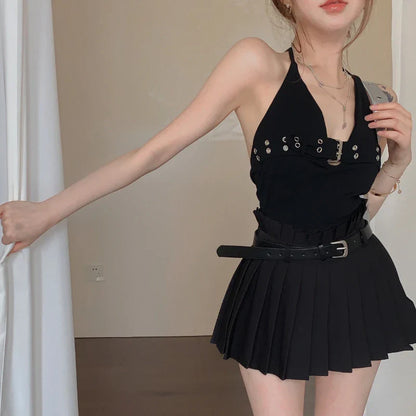 Territory 2024 Summer New Streetwear V-neck Sexy Backless Solid Color Camisole Women + High Waist Pleated A-line Skirt Two-piece Suit