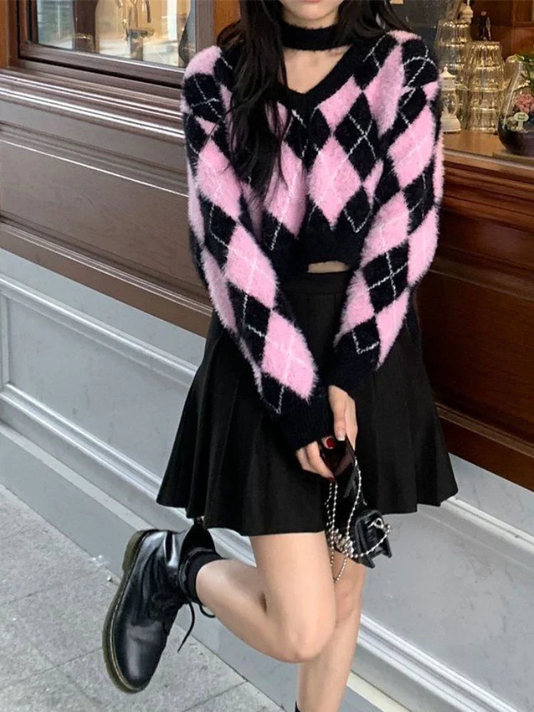 Territory Korean Fashion Plaid Sweater Women Harajuku Sweet Pink Sexy V Neck Pullover Kpop Long Sleeve Knitted Tops Autumn Winter