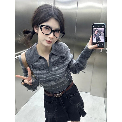 Territory  Y2K Striped Sweater Women Streetwear Tassel Cropped Knitted Pullovers Harajuku Vintage Slim Knitwear Korean Casual Jumper