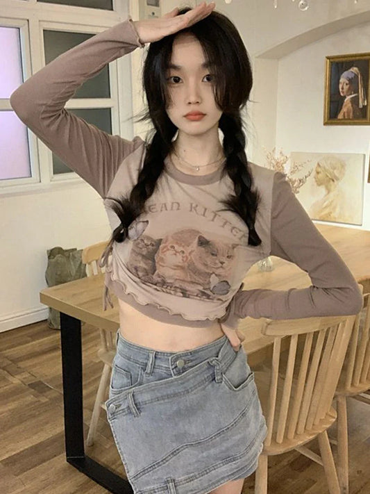 Territory Lace Up T Shirt Women Cat Graphic Crop Top Female O Neck Long Sleeve Top Y2k Ladies Korean Style Spring Autumn Harajuku Tops Tee