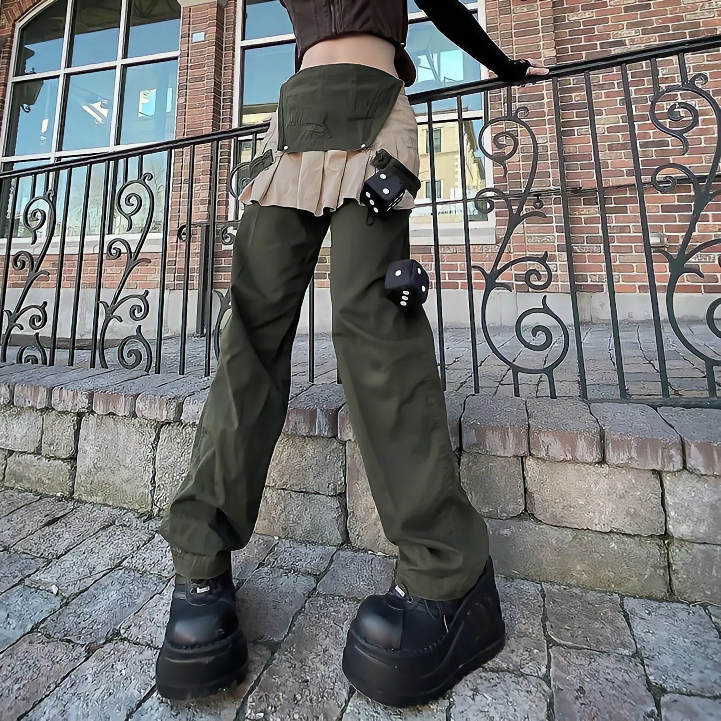 Territory Green Cargo Pants Women Summer Fashion High Waist Overalls Punk Streetwear Y2k Vintage Splicing Loose Casual Straight Trousers