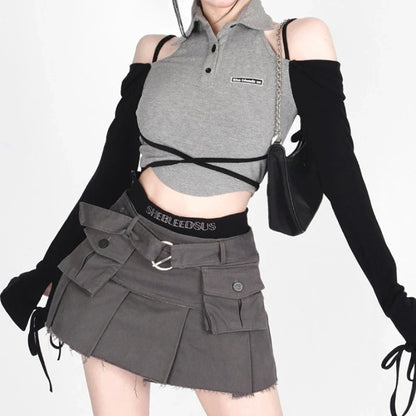 Territory Punk Gothic Y2k Clothes Fake Two Piece Pockets Patchwork Pleated Mini Skirts Harajuku Streetwear Summer Female Slim Women Skirt