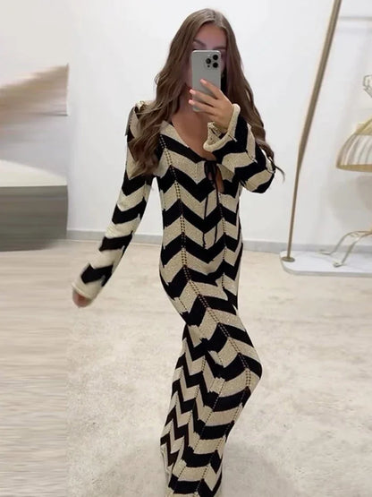 Territory Autumn New Lace Up Hollow Sexy Beach Cover Up Dress Women's  Stripled Long Sleeve Slim Elegant Knitted Maxi Dress V Neck