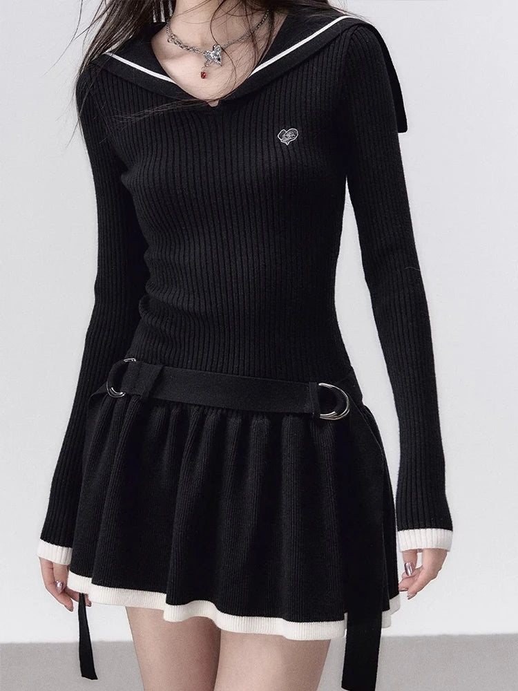 Territory Knitted Mini Dress Women Preppy Style Long Sleeve Dresses Vintage Fashion Sailor Collar Dress Ladies Autumn Chic Sweater Dress