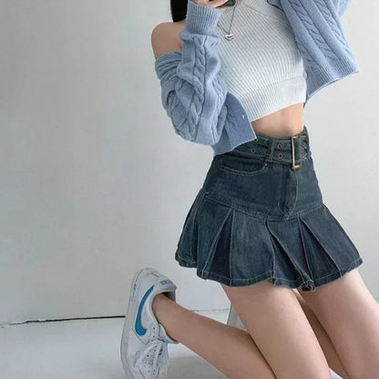 Territory  Denim Pleated Mini Skirt Vintage Sexy High Waist A-line Belt Women Embroidery Jean Short Skirt Summer Japanese Y2k