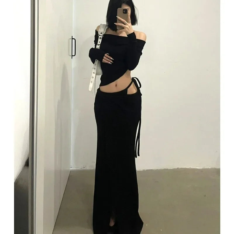 Territory 2024 Spring New Off-shoulder Pleated Sexy Slim Long-sleeved T-shirt Women + Asymmetric Lace-up Split Black Skirt Two-piece Suit