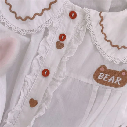 Territory Japanese Soft Girl Sweet Lolita Blouses Cute Bear Embroidery Doll Collar Shirts Women Preppy Style Loose White Long Sleeve Tops