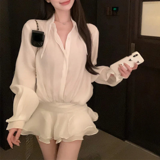 Territory Polo Collar Single-breasted Sexy Slim Long-sleeved Dress Women 2024 Spring New Korean Ruffles Solid Color Casual Mini Dress