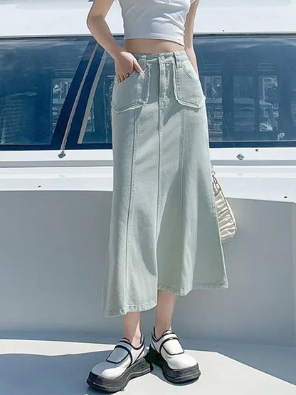 Territory Denim Skirts Womens Summer Casual High Waisted Pocket Midi Skirt Ladies Korean Fashion Mermaid Skirt Female