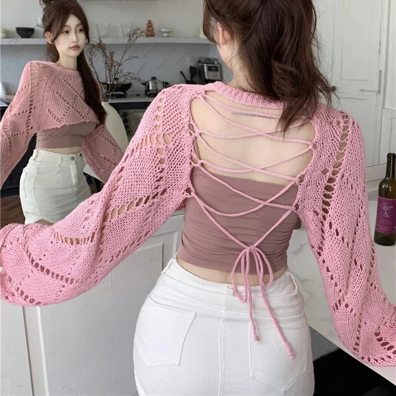 Territory 2024 Spring New Korean Hollow Sexy Backless Lace-up Solid Color Long-sleeved Sweater Women + Basic Camisole Two-piece Suit