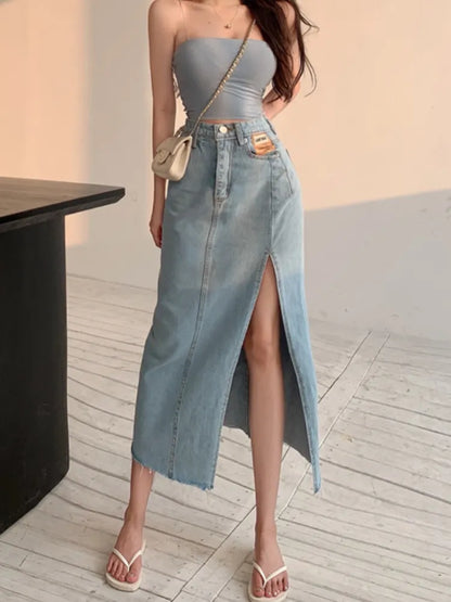 Territory Long Denim Skirt Vintage Women Solid High Waist  A-LINE Slim Korean Style Jean Slit Midi Skirt Summer Fashion Girl