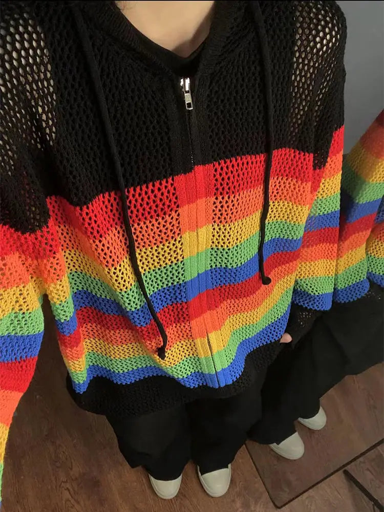 Territory Harajuku Y2k Knitted Cardigans Women See Through Oversized Hollow Out Striped Crochet Top Sweaters Aesthetic Streetwear