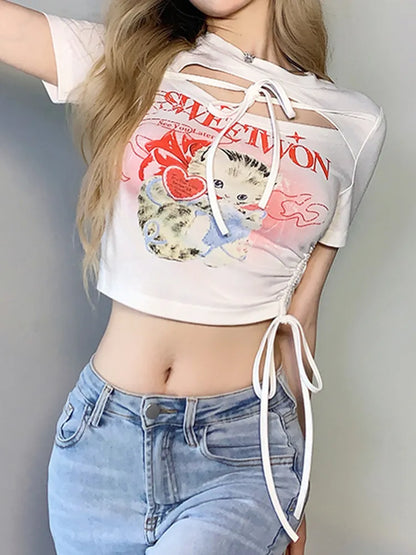 Territory  Women's Hollow Crop Top Kawaii Cat Print T-shirt Short Sleeve Streetwear Harajuku y2k Top Egirl Graphic Tee Summer