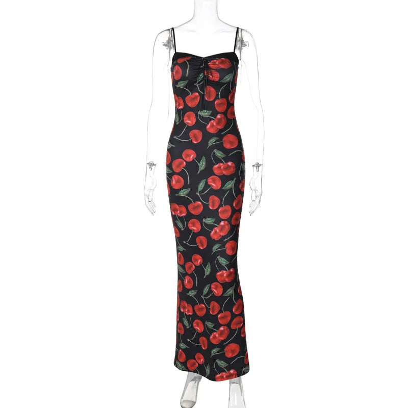 Territory Hot Summer Slim Maxi Suspender Dress For Women Flower Print Lace Up Sleeveless Plunge Female Beach Vacation Dress Elegant