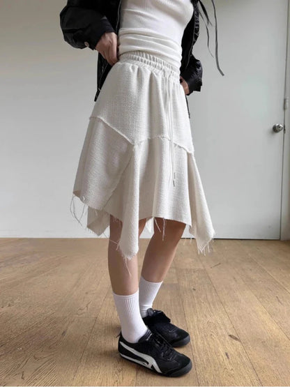 Territory Harajuku Simple White Skirt for Women Spring Irregular Mid-length Tassel Skirts Y2k E-Girl High Waist A-line Faldas Mujer