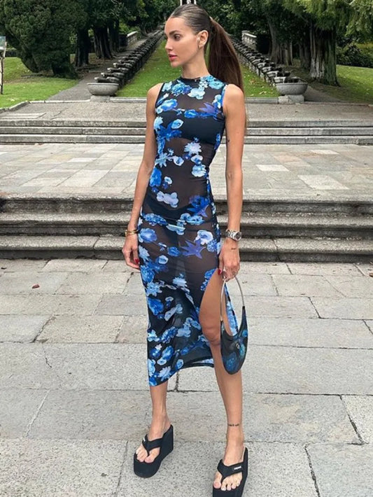 Territory 2024 Summer Blue Floral Printed Mid-calf Mesh Dresses for Women Sexy Elegant Sleeveless Bodycon See Through Slit Holiday Dress