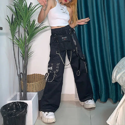 Territory Gothic Techwear Black Cargo Pants Women Punk Chain Pockets White Wide Leg Trousers Female Harajuku Streetwear Mall Goth