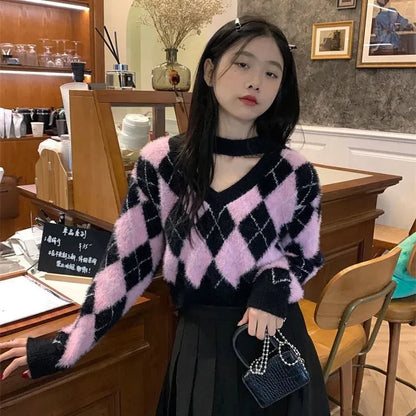 Territory Korean Fashion Plaid Sweater Women Harajuku Sweet Pink Sexy V Neck Pullover Kpop Long Sleeve Knitted Tops Autumn Winter