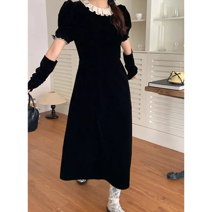 Territory Korean Retro Velvet Elegant Puff Sleeve Dress Women 2024 Spring New O-neck Contrast Color Patchwork A-line Dress with Sleeves