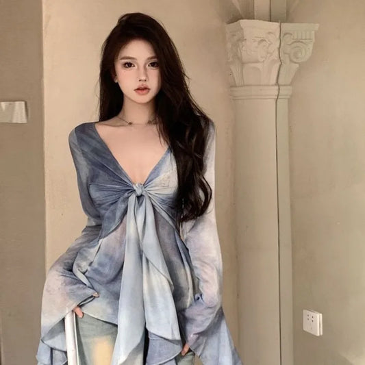 Territory 2024 New Blue Ruffles Shirts Women Elegant V-neck Tie Dye Chiffon Blusas Mujer Y2k E-Girl Slim Fit Long Sleeve Blouses