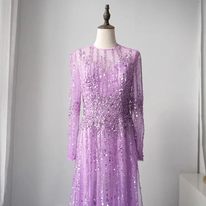 Territory Purple A Line Long Sleeves Muslim Arabic Elegant Evening Dresses Customized  Luxury Party Gowns For Women