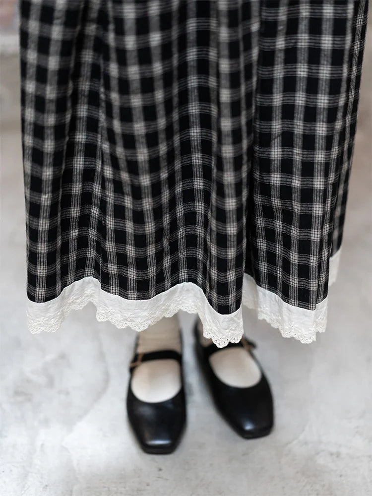 Territory Harajuku Plaid Long Skirts Women Japanese Vintage Lace Preppy High Waist A Line Midi Skirt Korean Fashion Casual Female Faldas