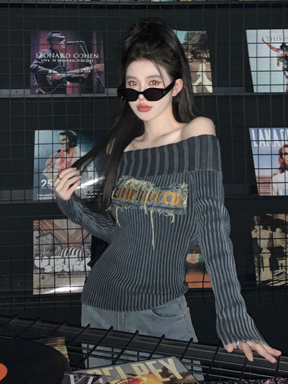 Territory Grunge Sweater Women Y2k Off Shoulder Knitted Pullover Punk Vintage Slim Fit Sexy Pulls Aesthetic 2000s Long Sleeve Jumper