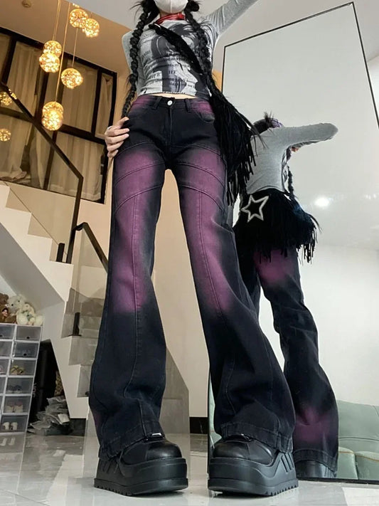 Territory American Style Black Purple Denim Pants Y2k E-Girl Vintage High Waist  Flare  Autumn New Tie Dye Straight Trousers