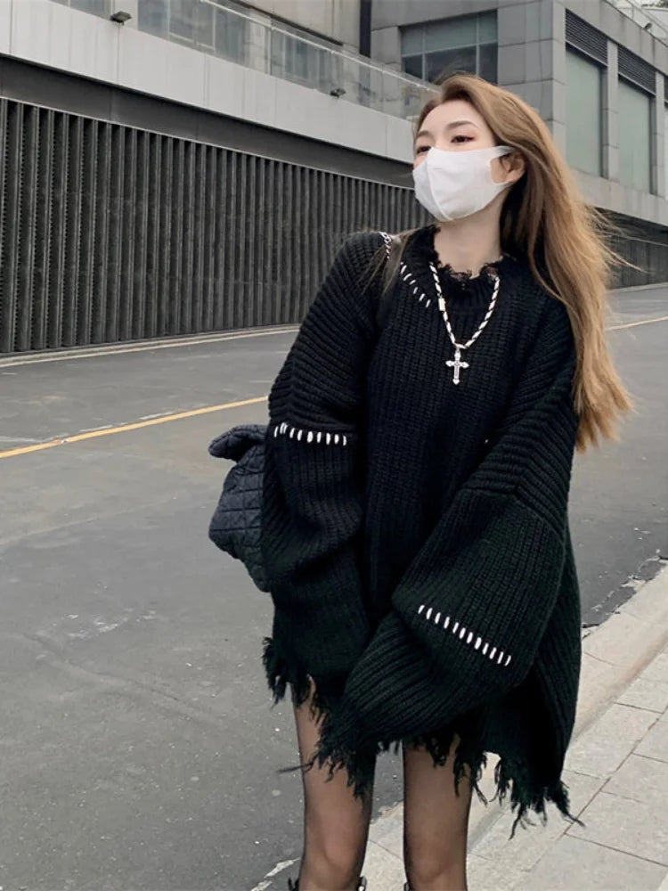 Territory Gothic Harajuku Black Sweaters Pullover Oversize Women Mall Goth Tops Streetwear Korean Fashion Autumn Knitwear