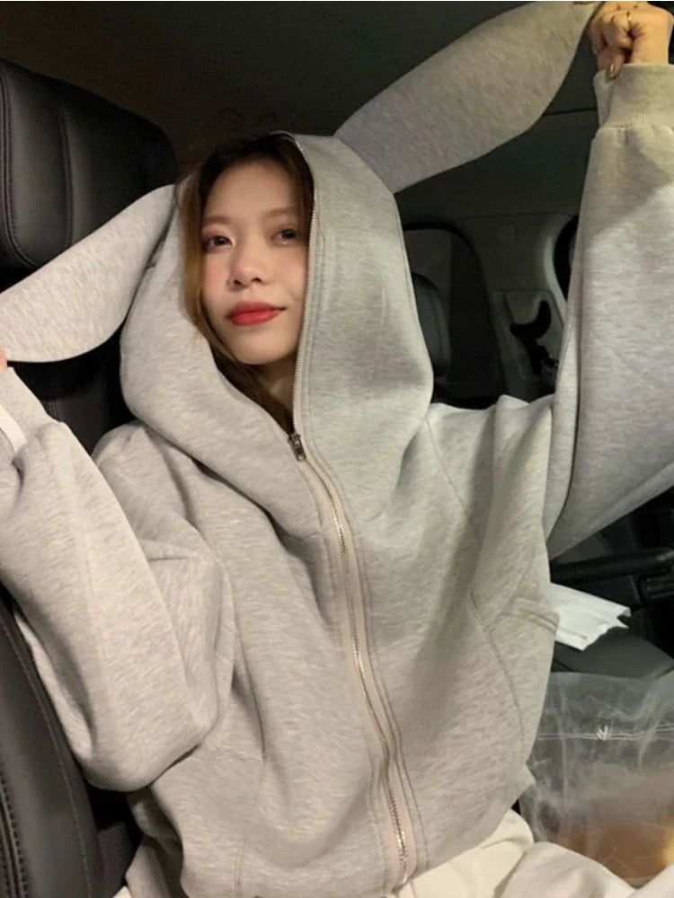 Territory Kawaii Bunny Ears Hoodies Women Harajuku Streetwear Gray Zip Up Sweatshirts Loose Long Sleeve Coats Tops Korean Fashion