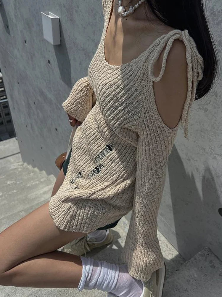 Territory Punk Gothic Mid-long Length Knitted Tops Women 2024 Solid Hollow Out Hole Flare Sleeve Loose Y2k Streetwear Pullover Top Female