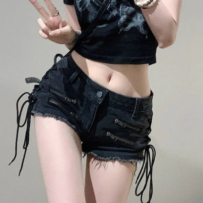 Territory American Street Black Gray Zipper Denim Shorts Women 2024 Summer New Hot Pants Y2k E-Girl All-match Lace Up Ropa Mujer